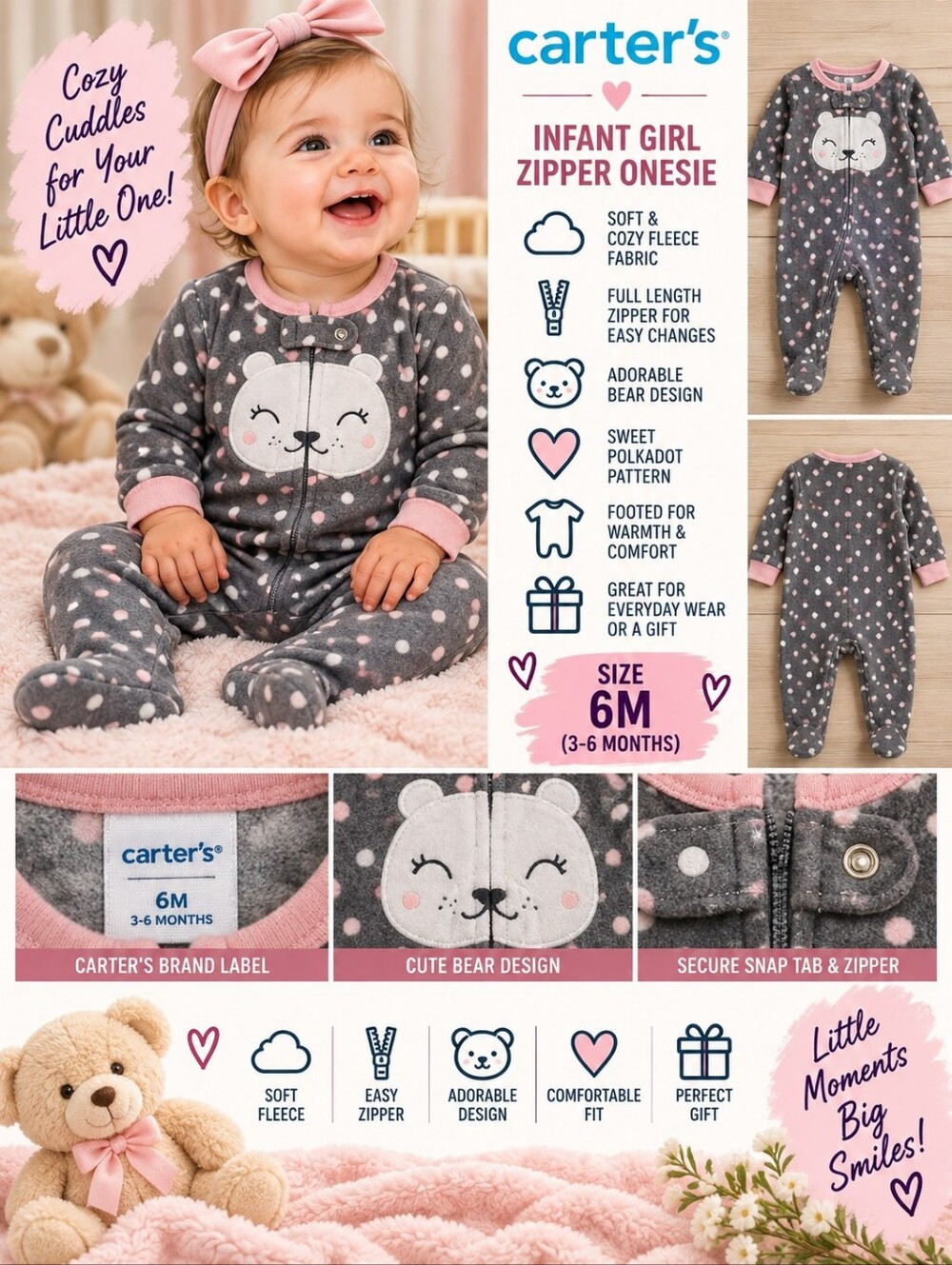 Carters infant girl 6m grey polkadot bear onesie #35